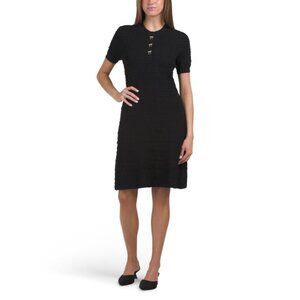 ELLEN TRACY Black Short Sleeve Flared Dress With Button Placket